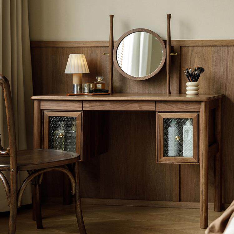 北欧简约黑胡桃木梳妆台全实木轻奢法式复古化妆桌卧室镜子一体柜