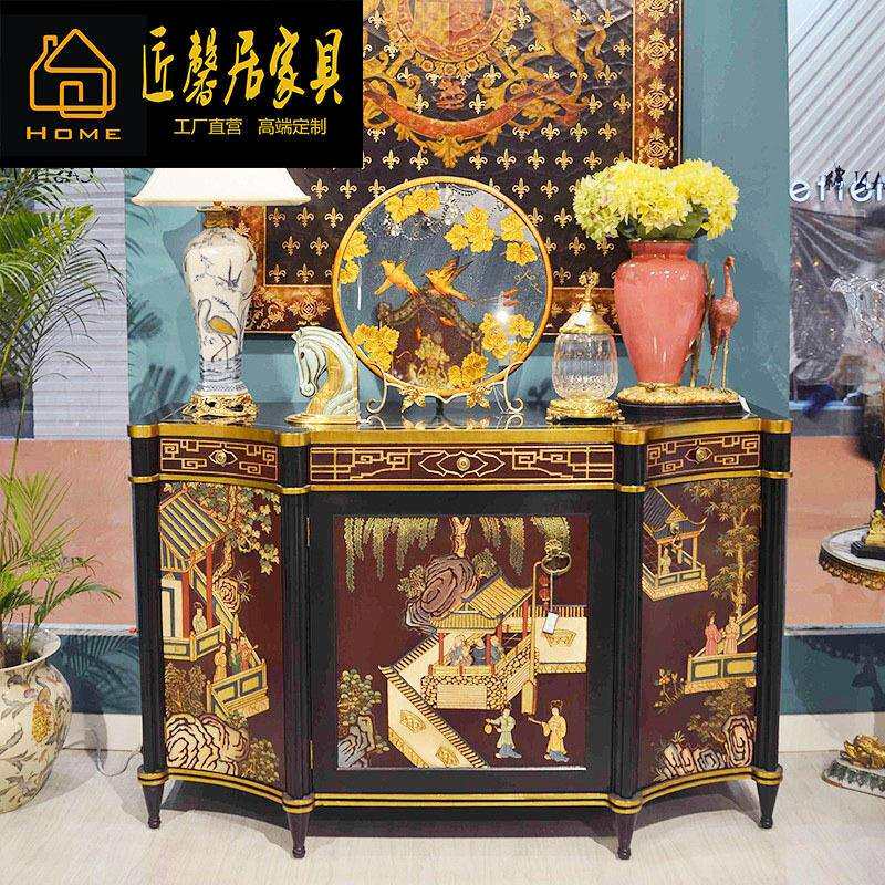 法式奢华客厅家具玄关柜贴金箔黑红色手绘风景储物柜家具