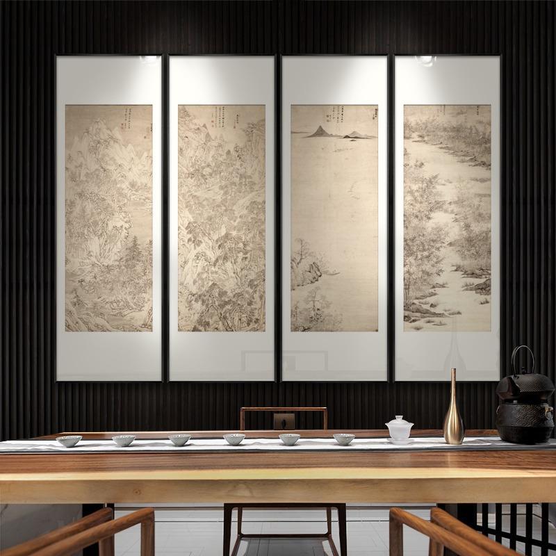 新中式玄关四万山水图装饰画酒店民宿办公室条屏挂画多联组合壁画