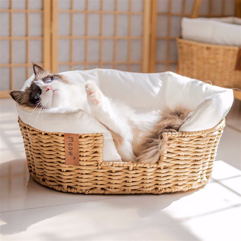 四季款猫窝手工编织日式凉感藤编筐幼猫耐久双面窝垫藤窝睡眠午觉