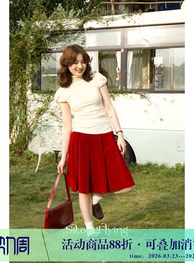 司童 红玫瑰丝绒百褶裙春夏新款通勤高腰显瘦a字半身裙短裙