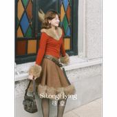 司童 高腰复古栗棕格纹毛绒裙裾半身裙a字慵懒显瘦中长裙冬新款