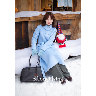 司童 大衣 蓝色双面呢娃娃领长款