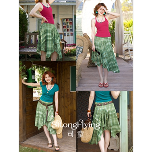 司童 绿色格纹不规则下摆半身裙