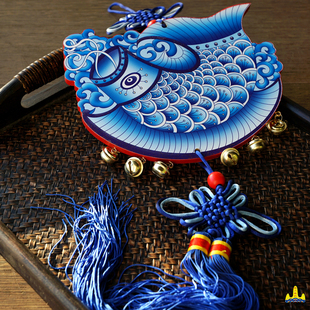 福人福地厂家直销中国结木质青花福鱼挂件中国风家居装饰室内挂饰