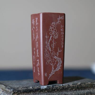 紫砂花盆签筒千tb-85005筒花微盆桌面小掌上盆景悬崖盆手工刻型绘