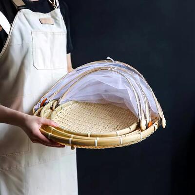 61K竹编盖菜罩子饭菜防防尘餐桌罩家3用折叠苍蝇剩遮菜罩食F75976