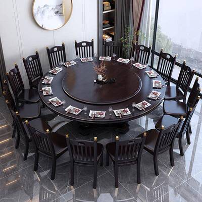 新中式实MXC木饭店12雕花大圆人形餐酒桌椅组合带盘橡木家用1.8转