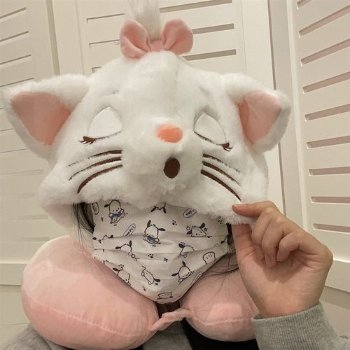 可爱粉色小猫卡通连帽U型枕毛绒车载护颈枕旅行便携飞机护脖靠枕