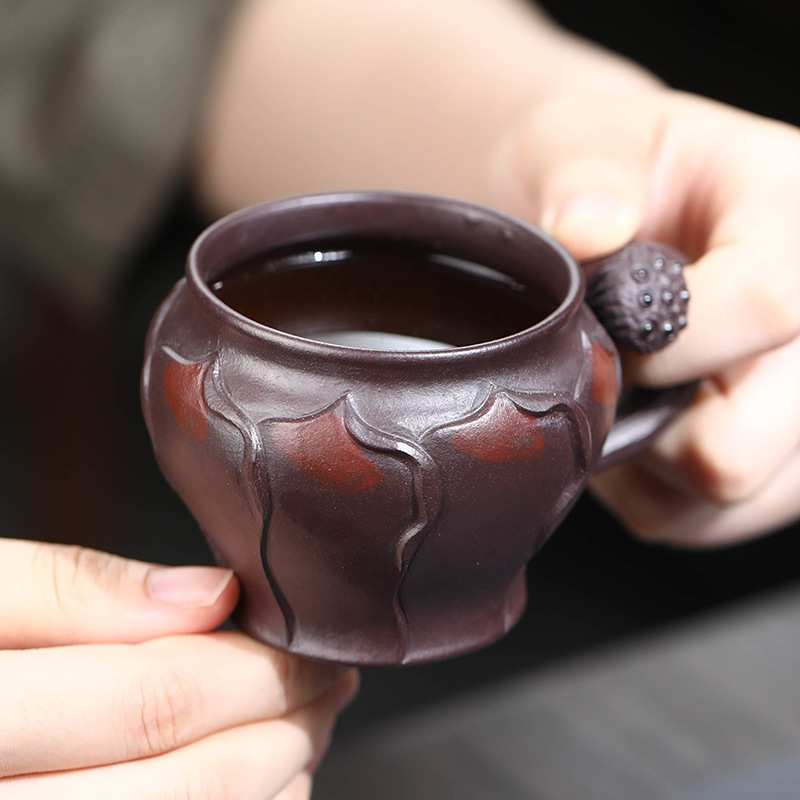 宜兴紫砂荷叶杯子手工带把品茗杯莲蓬莲子主人小口杯办公室茶碗