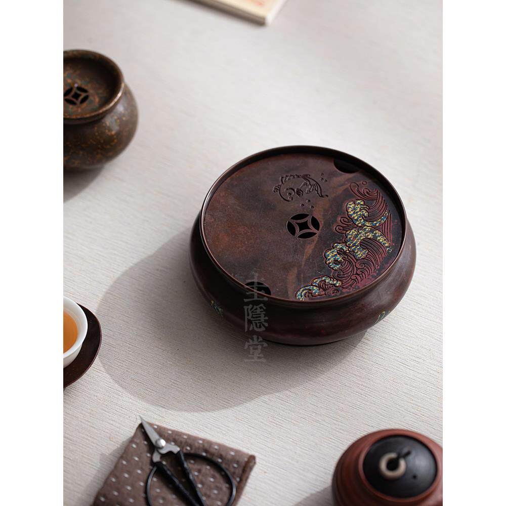 圭隐堂手工锦鲤纯铜茶盘壶承家用储水干泡台茶壶托盘茶托小号茶台