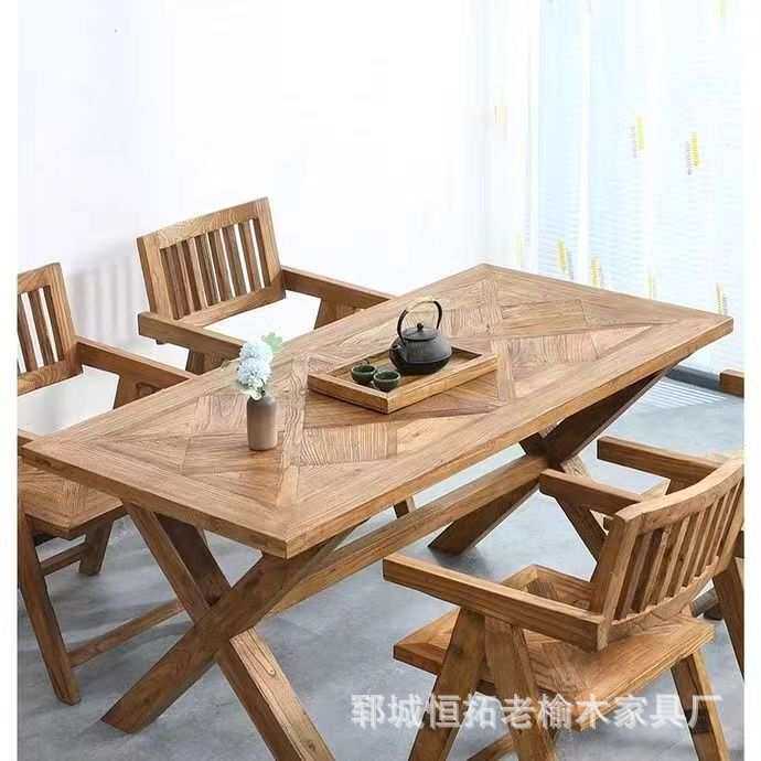 老榆木茶桌椅原木实木桌家用客厅老榆木茶台榆木椅子餐桌