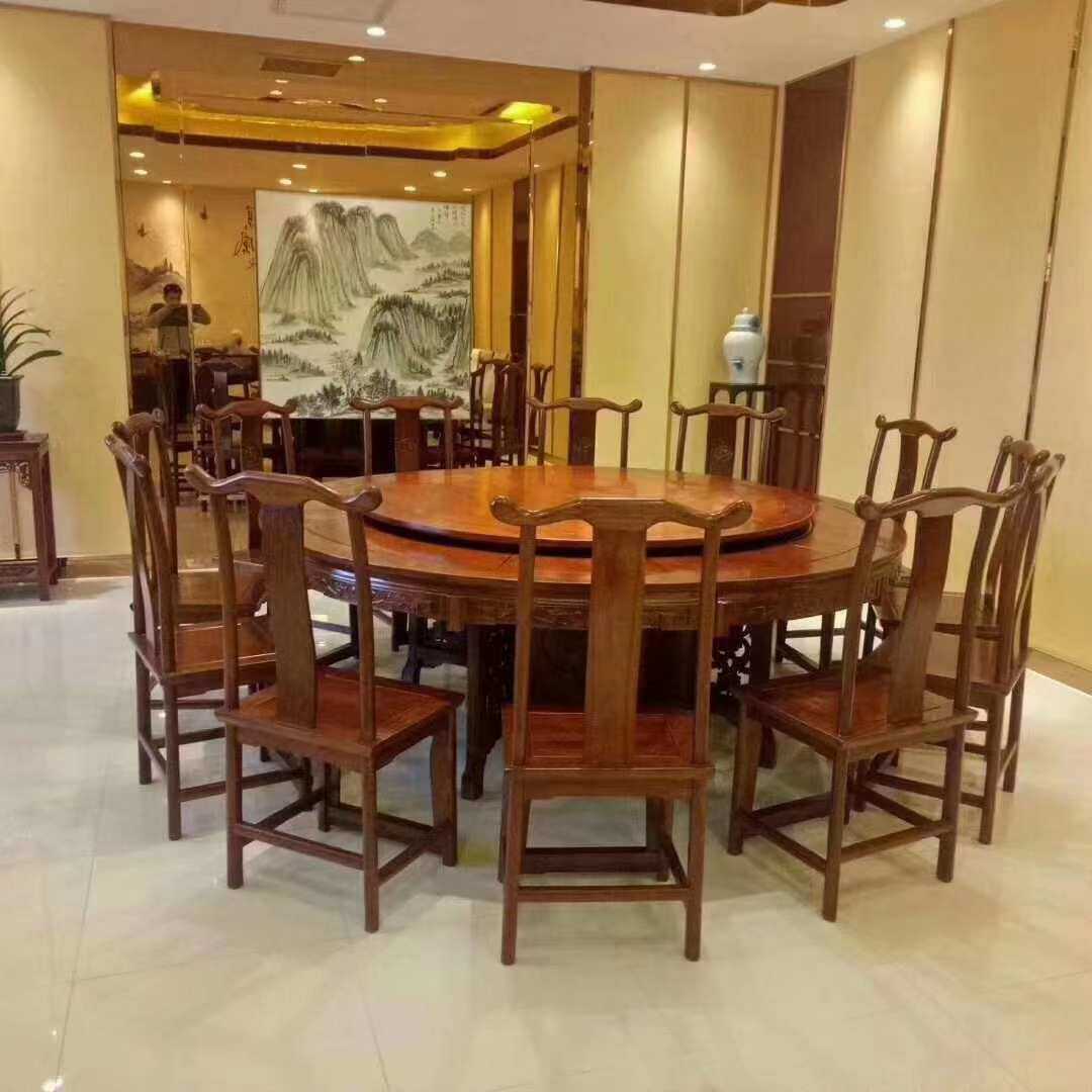 餐桌椅组合酒店饭店新中式雕花转盘榆木明清仿古旋转火锅实木圆桌