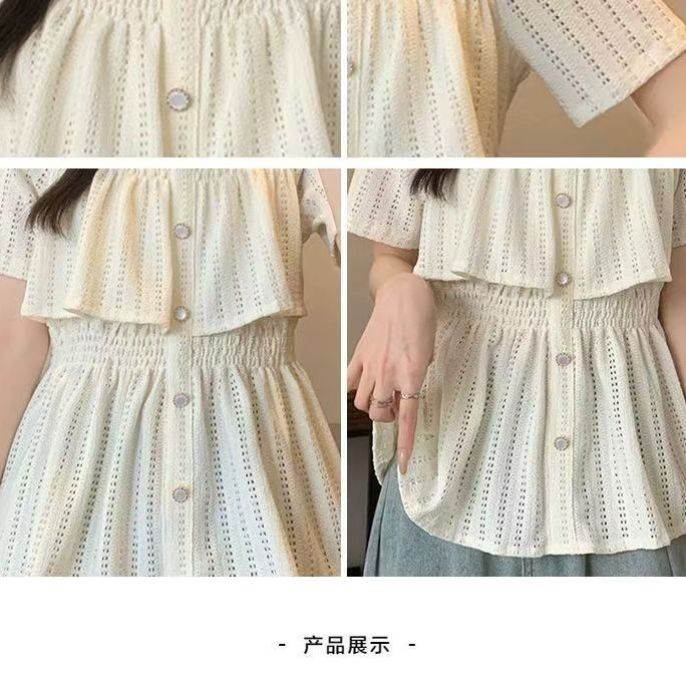 韩系方领荷叶边短袖衬衫女夏季大码胖妹妹甜美温柔气质显瘦小上衣