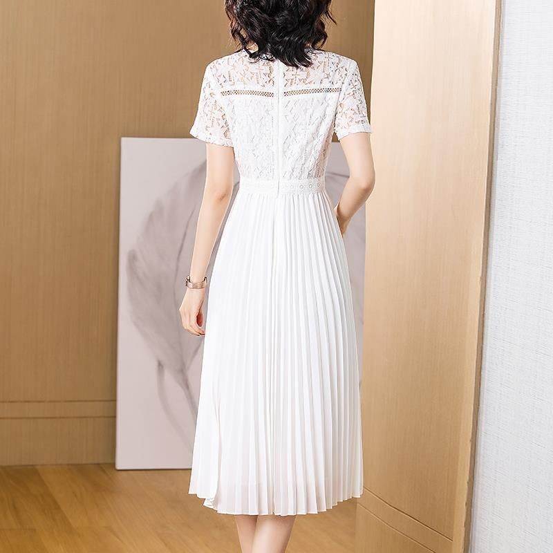 大码蕾丝连衣裙女夏装2026新款白色雪纺大摆百褶裙子飘逸仙气长裙
