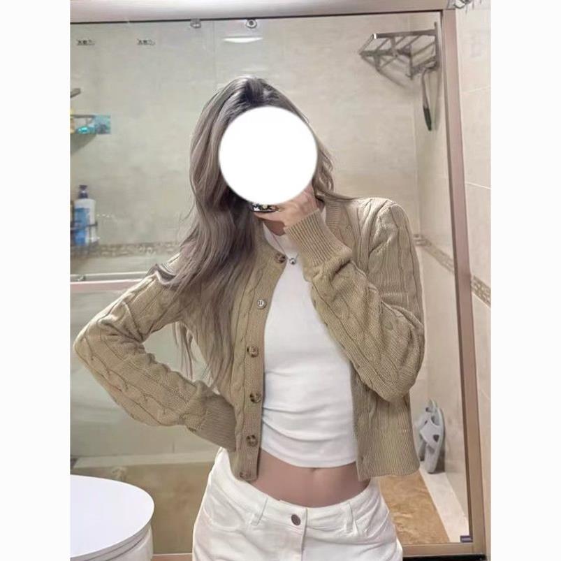 卡其色麻花针织开衫外套女秋冬季韩系高级感穿搭毛衣修身短款上衣