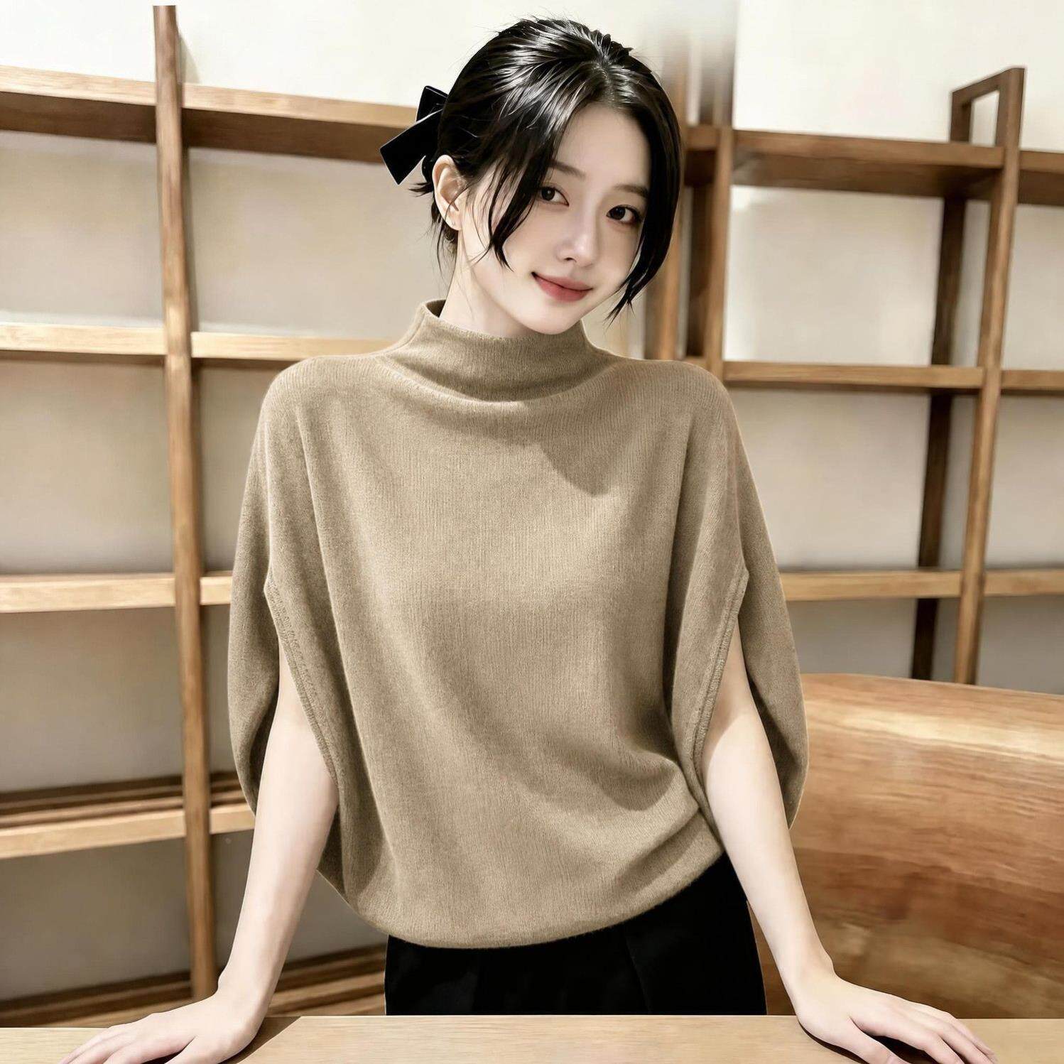 2026秋季新款半高领蝙蝠袖针织衫女宽松显瘦气质高贵紫色中袖上衣