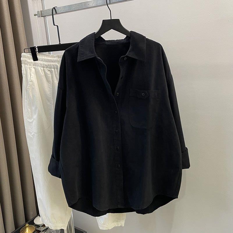 高级感灰色工装衬衫女宽松2024新款简约大气休闲叠穿棉衬衣外套
