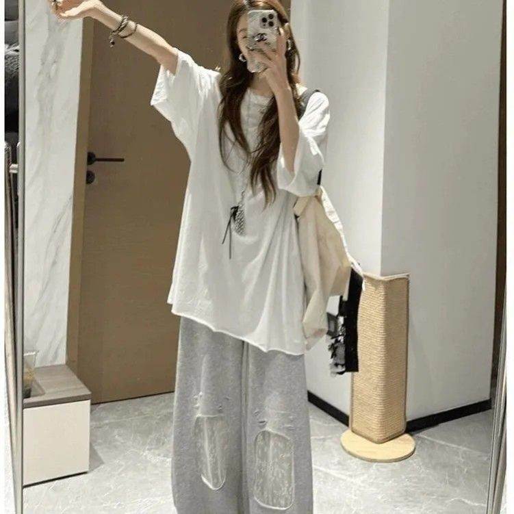 慵懒气质宽松短袖T恤女装夏季新款蕾丝破洞阔腿长裤两件套