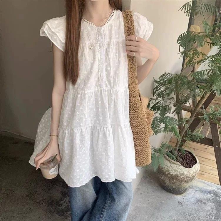 大码胖MM法式白色蕾丝拼接连衣裙女夏季新款设计感小众宽松短裙子