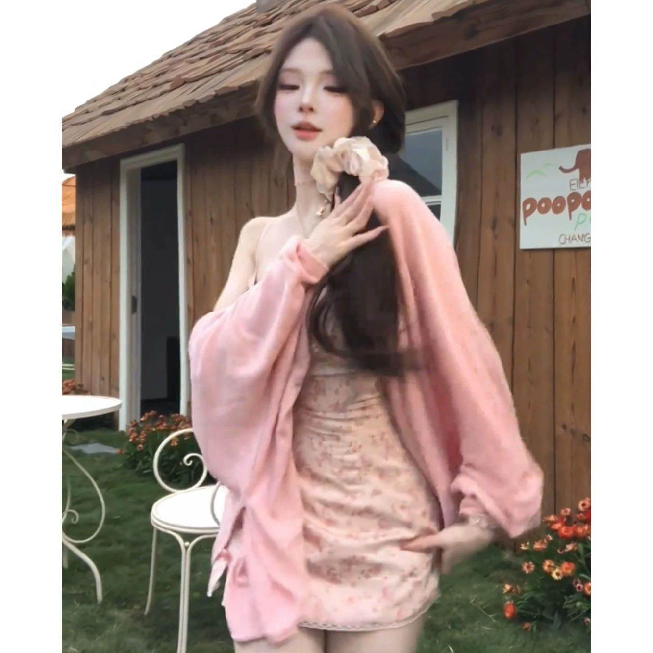 春秋新款超仙清新开衫甜美可爱洛丽塔通勤碎花短款连衣裙套装女