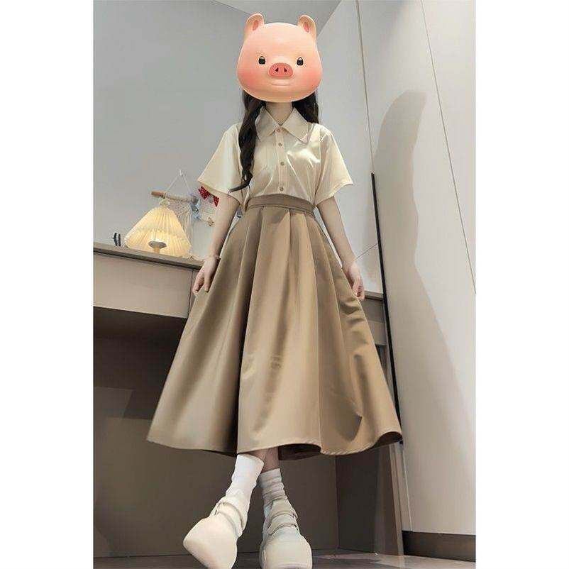 杏色短袖衬衫女夏2026新款职业正装教师公务员小个子穿搭套装裙子