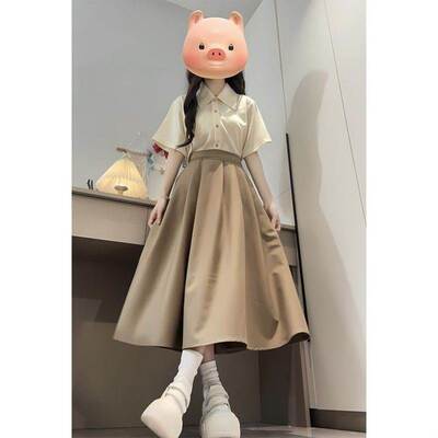 杏色短袖衬衫女夏2026新款职业正装教师公务员小个子穿搭套装裙子