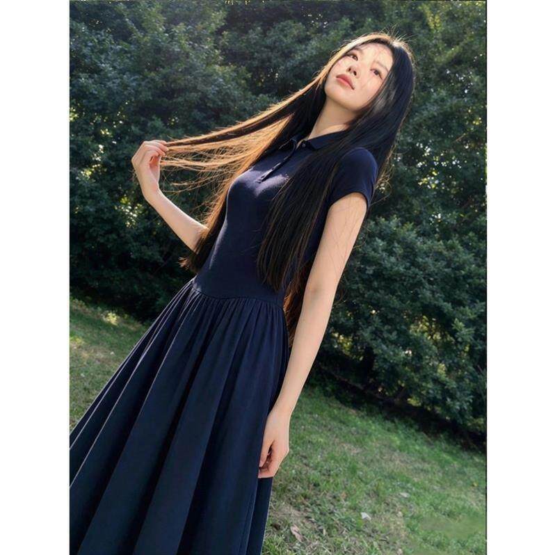 藏蓝色polo领短袖连衣裙女2026年夏季拼接显瘦a字收腰连身长裙子
