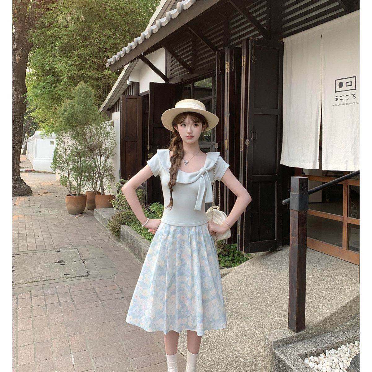 日系弹力修身短袖上衣T恤半身裙两件套夏季甜美风少女碎花裙套装