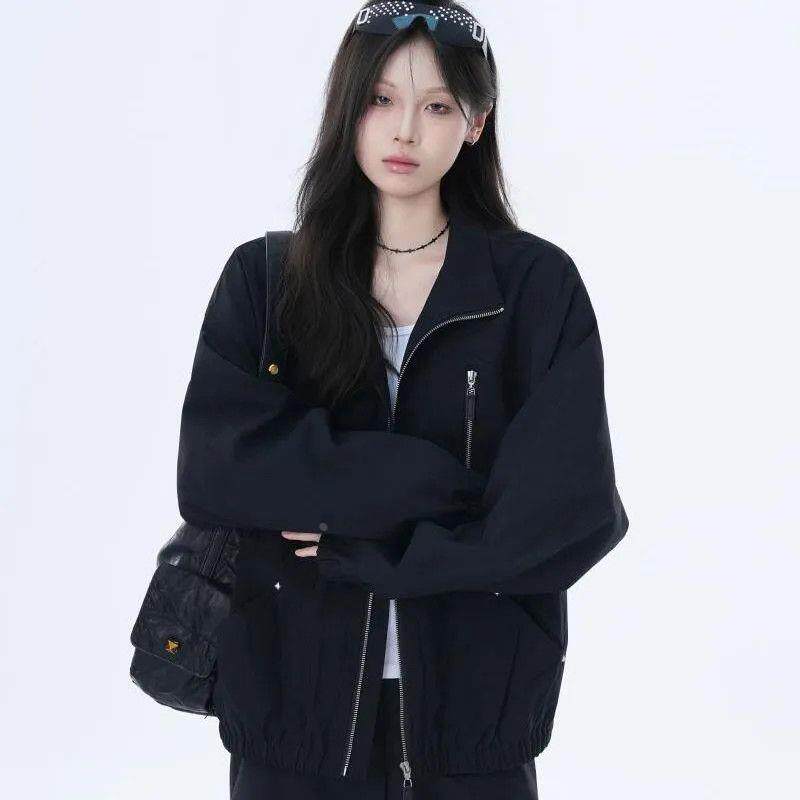 春秋季美式复古黑色工装夹克 男女设计感情侣个性风 宽松痞帅潮