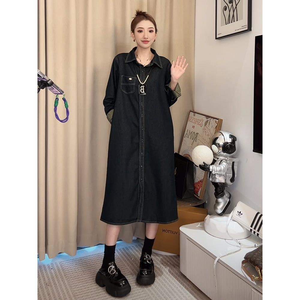 复古长袖牛仔连衣裙女2026春秋新款韩系宽松显瘦过膝长款牛仔裙子