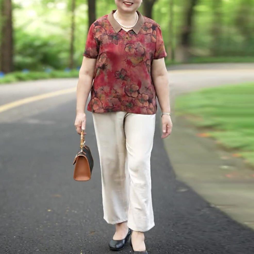 大码妈妈套装2026夏遮肉显瘦中老年女装老太太翻领花色小衫两件套