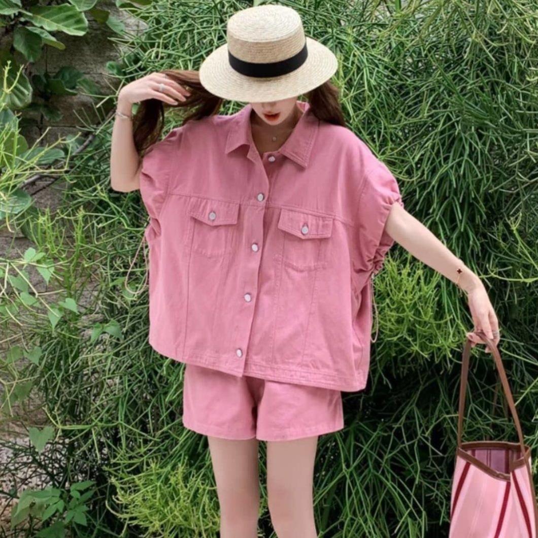 韩版工装牛仔外套短裤两件套女夏季新款小个子大码套装遮肉显瘦
