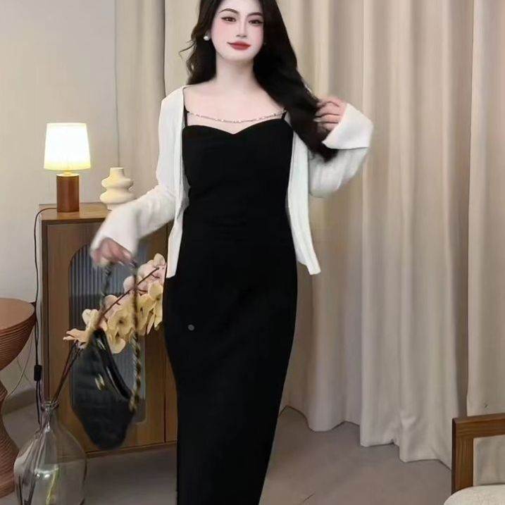 胖妹妹春季设计感纯气质开叉连衣裙感收两件套吊带裙针织开衫