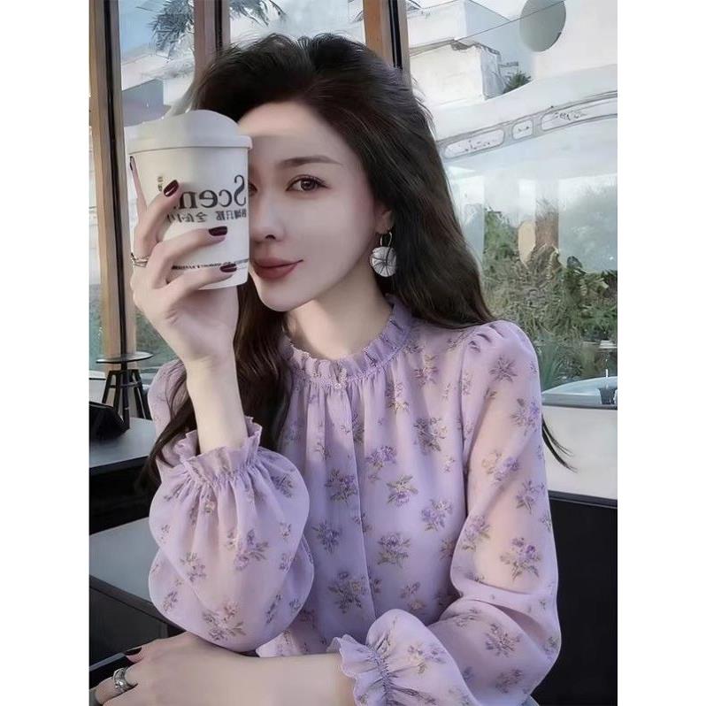 2026春季雪纺衫绝美炸街独特漂亮小衫女温柔洋气紫色碎花衬衫上衣