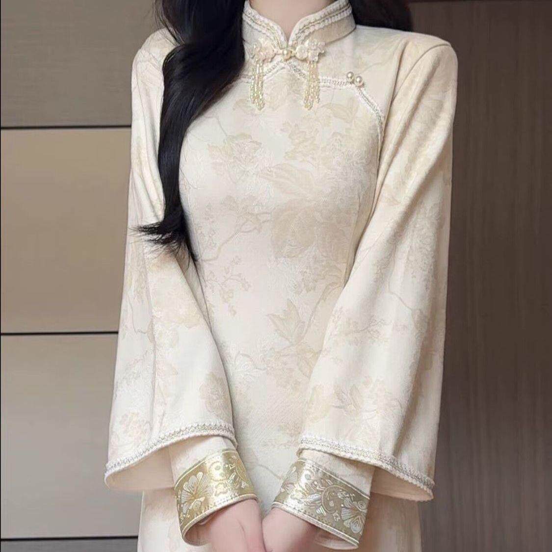 新中式长袖旗袍 2026新款秋冬高级感 年轻款温婉修身显瘦订婚日常