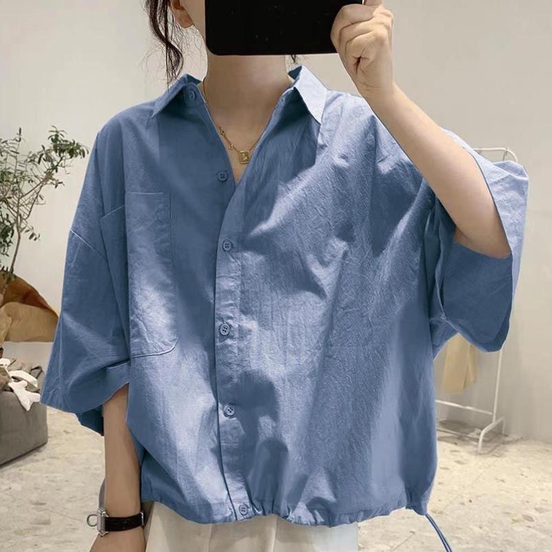 棉中袖蝙蝠衫衬衫女夏季新款宽松大码遮肚子衬衣休闲百搭上衣女