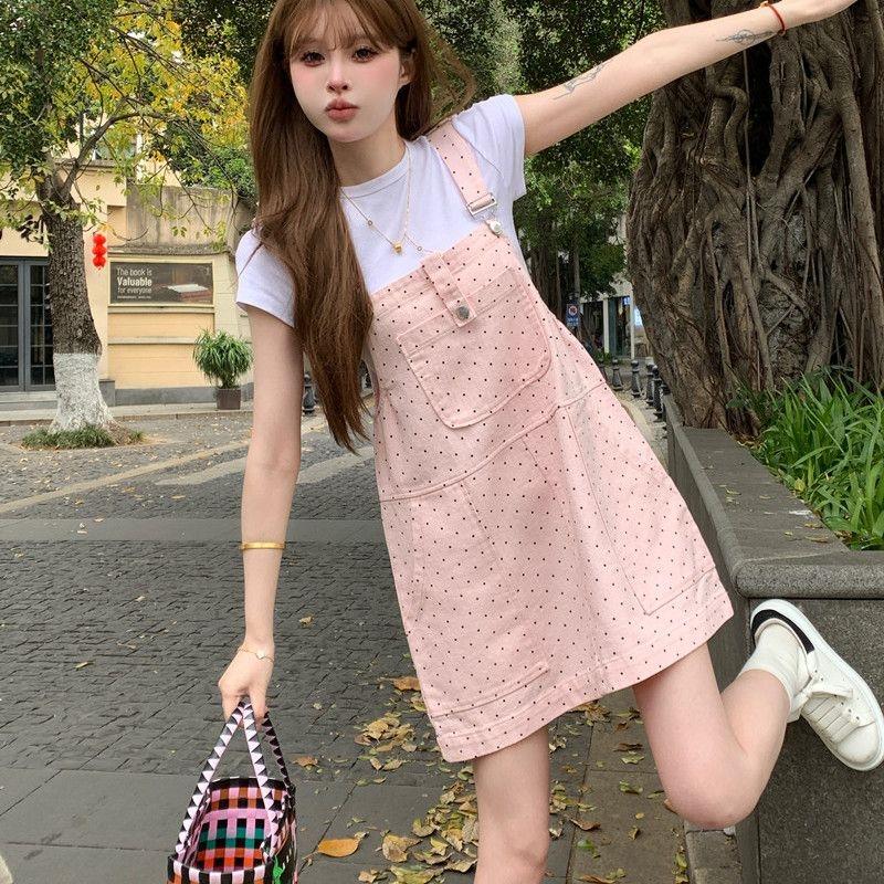 波点甜美牛仔背带裙碎花夏季小个子宽松减龄显瘦吊带连衣裙短裙
