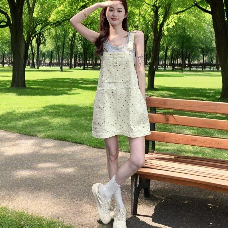原创棉牛仔印花波点吊带裙夏季女装背带裙收腰可爱减龄时尚百搭