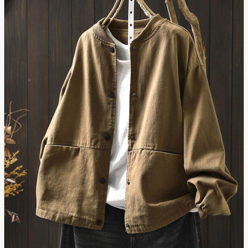 棉工装棒球服 女短款宽松显瘦 春秋大码立领双口袋夹克