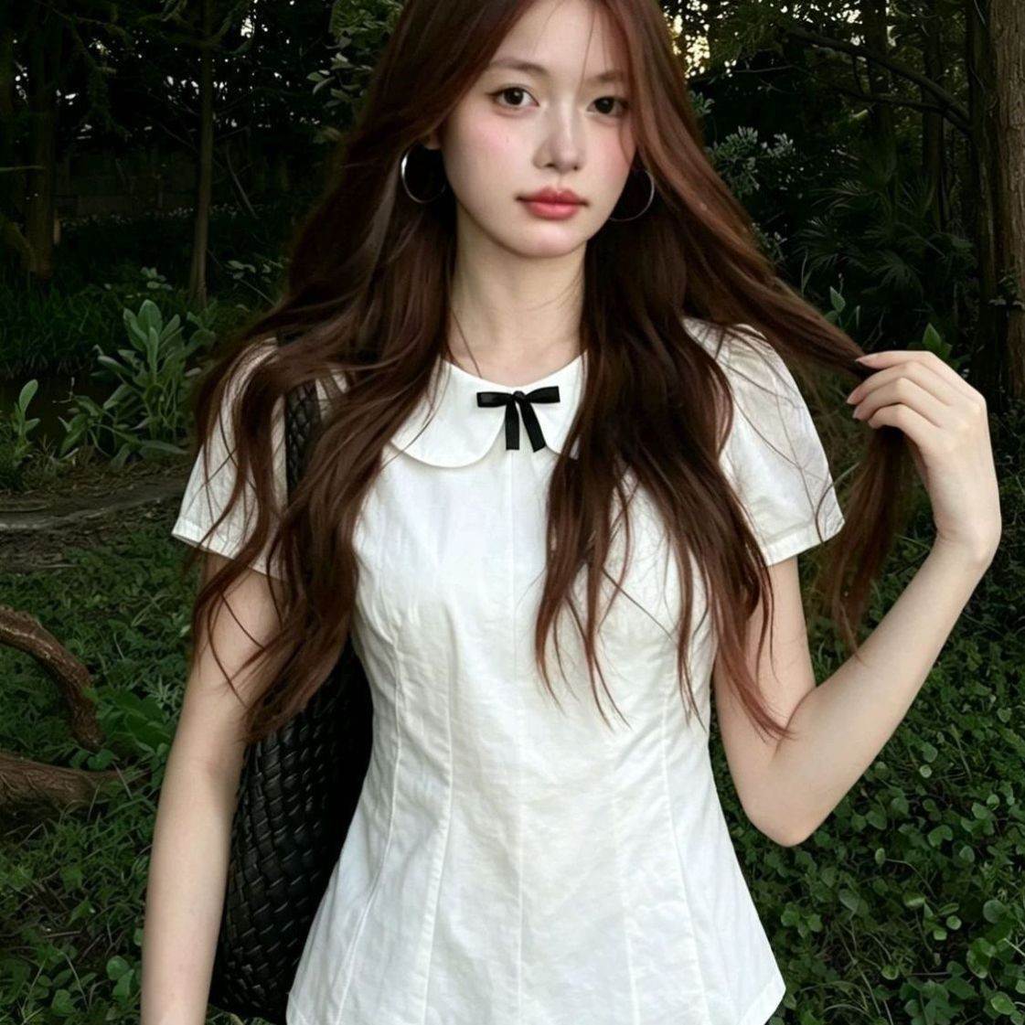 法式甜美娃娃领白色蝴蝶结短袖衬衣2026夏季高级衬衫收腰显瘦上衣