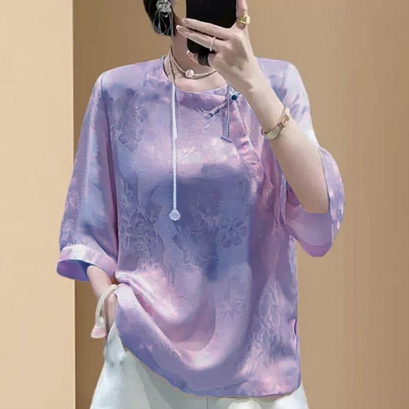 新中式国风桑蚕丝衬衫女夏季开襟复古五分袖缎面提花宽松绿色上衣