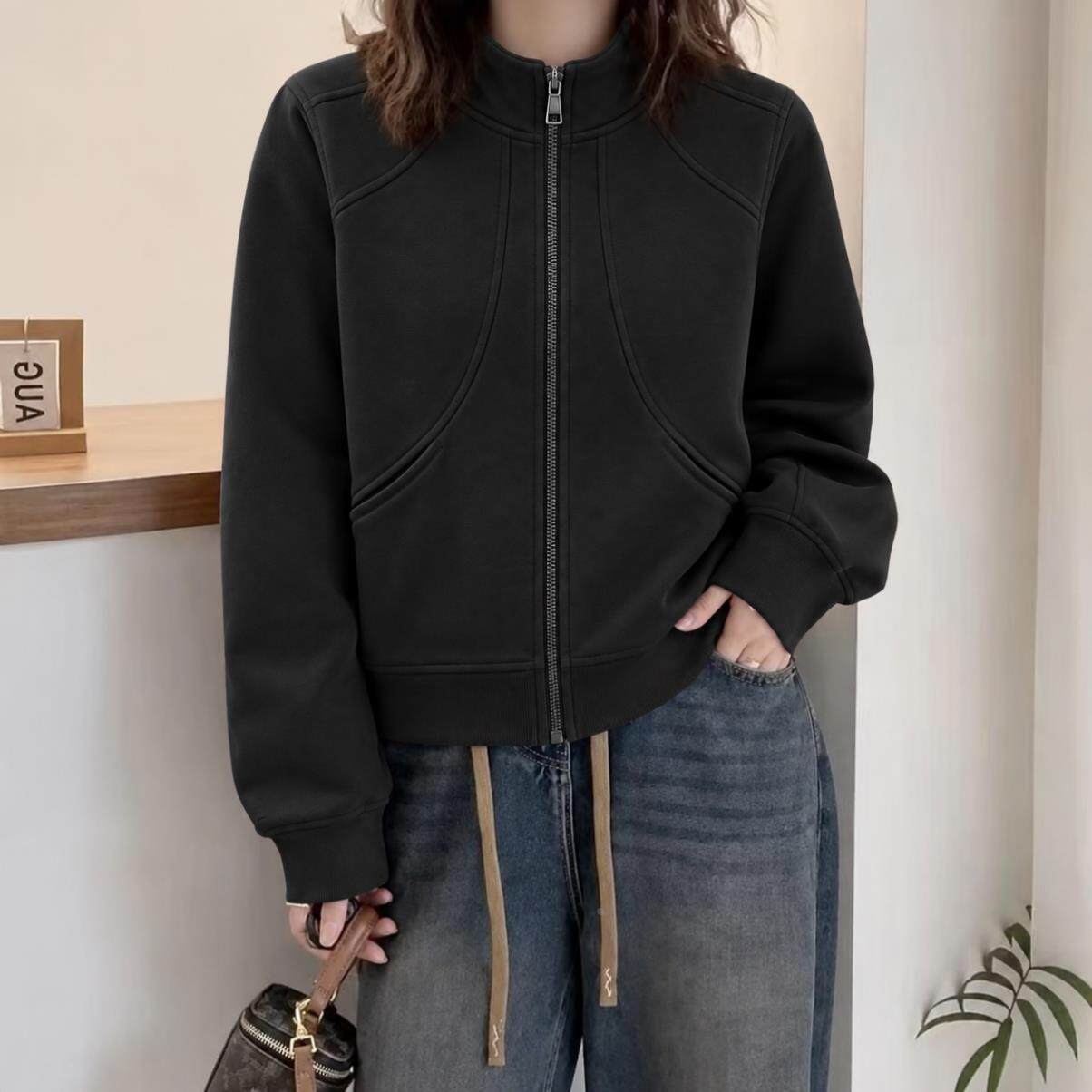 玫红色立领卫衣 月牙大口袋棒球服女 秋冬季宽松撞色休闲外套