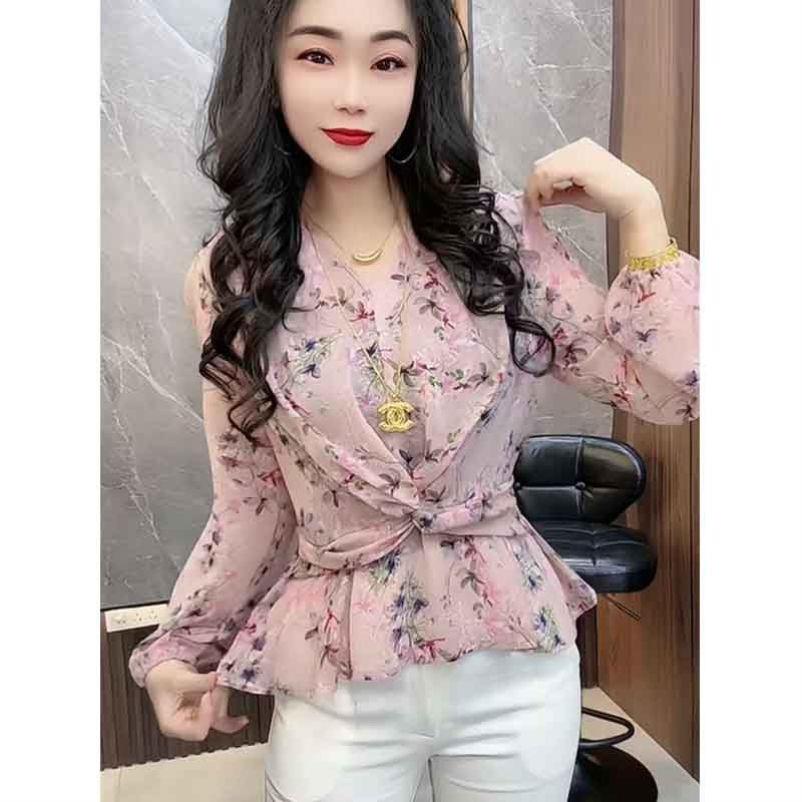 法式粉色V领碎花衬衫女夏季新款雪纺衬衣宽松遮肉收腰荷叶边上衣