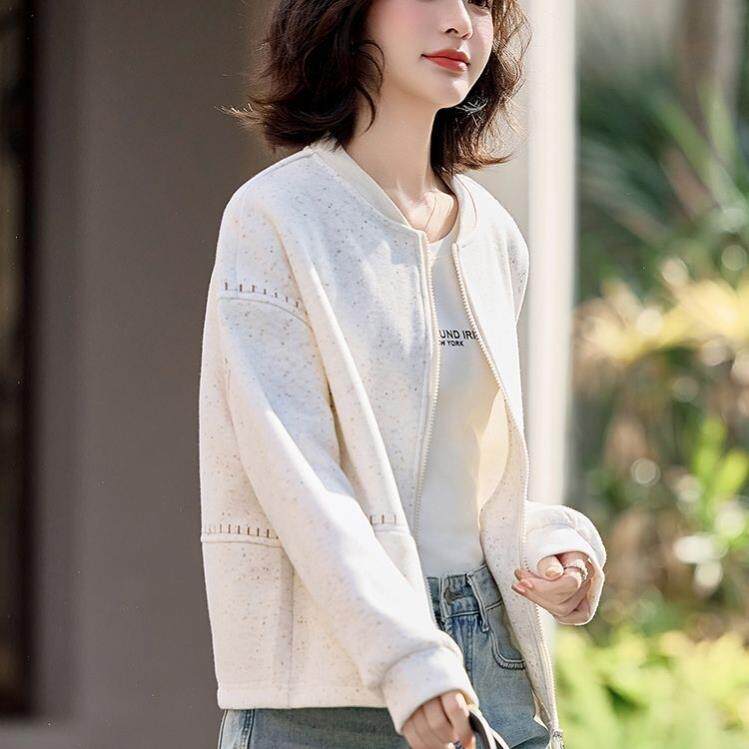 西米白色小香棒球服 短外套女2025新款 春装小个子无帽卫衣针织开