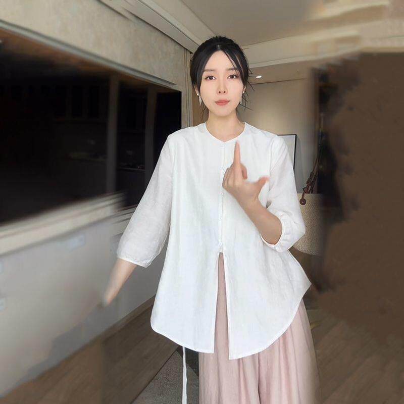 禅意风上衣中长款收腰系带冰爽七分袖衬衫女夏天白衬衫中国风遮肉