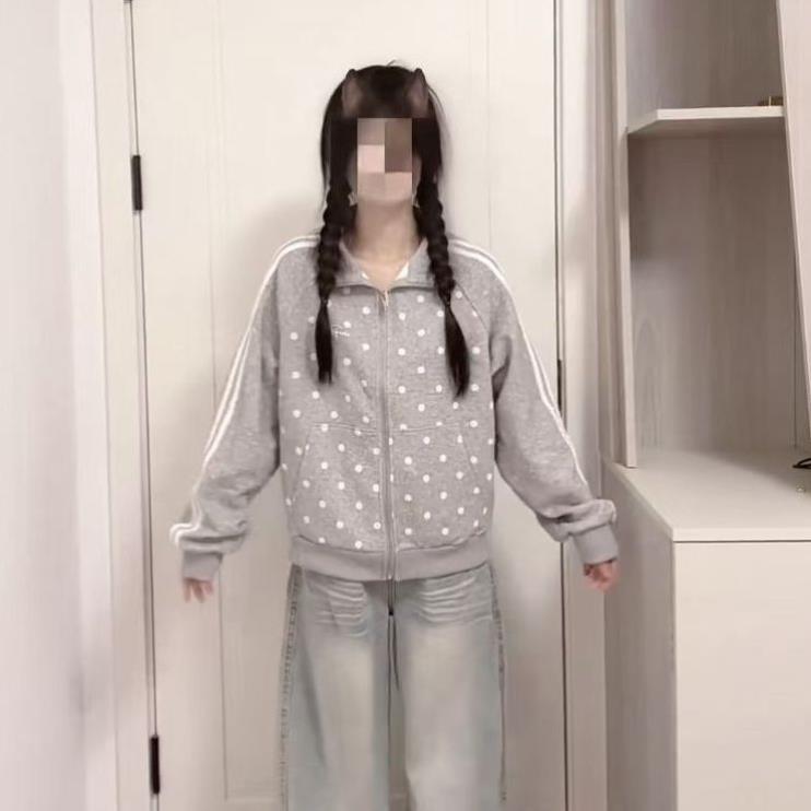 韩系甜美满印波点撞色条杠立领卫衣外套女春秋季宽松百搭休闲开衫