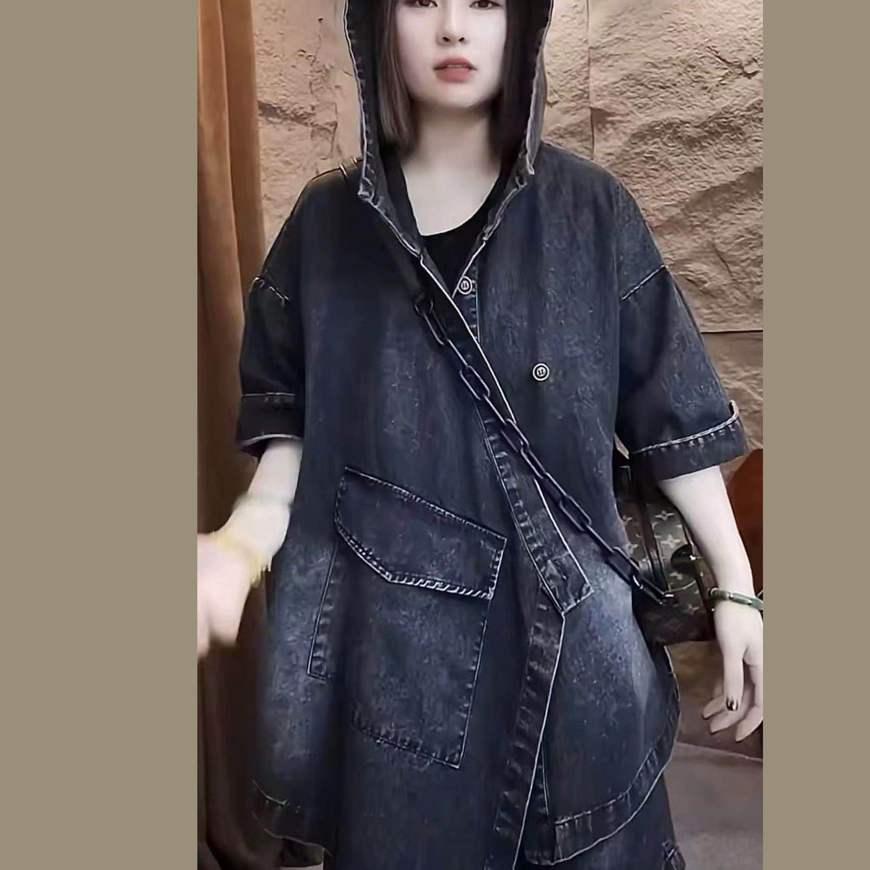 2024夏新韩版牛仔套装女纯色纽扣韩版宽松做旧外套女时尚牛仔短裤