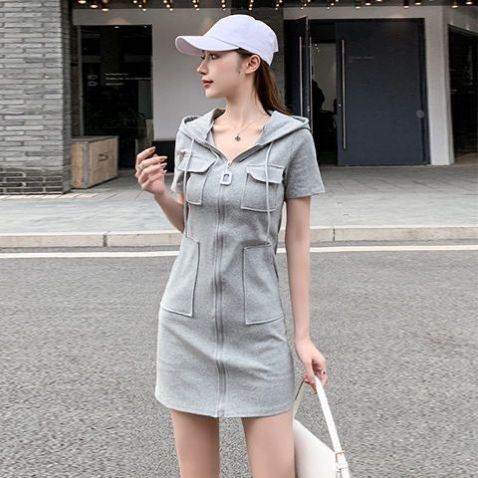 连帽卫衣裙子女夏季拉链气质修身裙子收腰显瘦短袖休闲包臀连衣裙