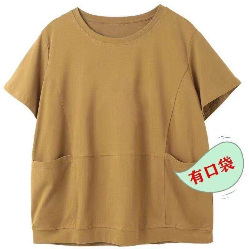 含棉短袖t恤女纯色新款穿搭宽松洋气妈妈夏装胖人遮肚子上衣